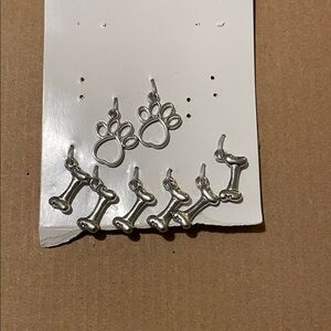 Silver Paw and Bone Earrings Set